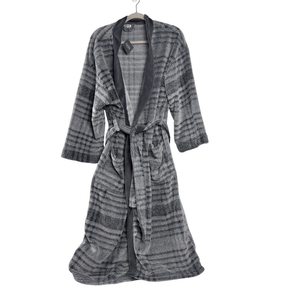 Ulta Beauty Bath Robe Gray Plaid shawl collar, belt and front pockets One Size
